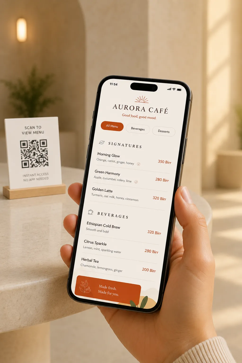 A guest viewing a live QR menu on their phone